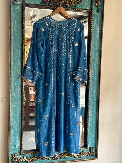 Blue Shade Mukaish Mul Chanderi Silk Dress