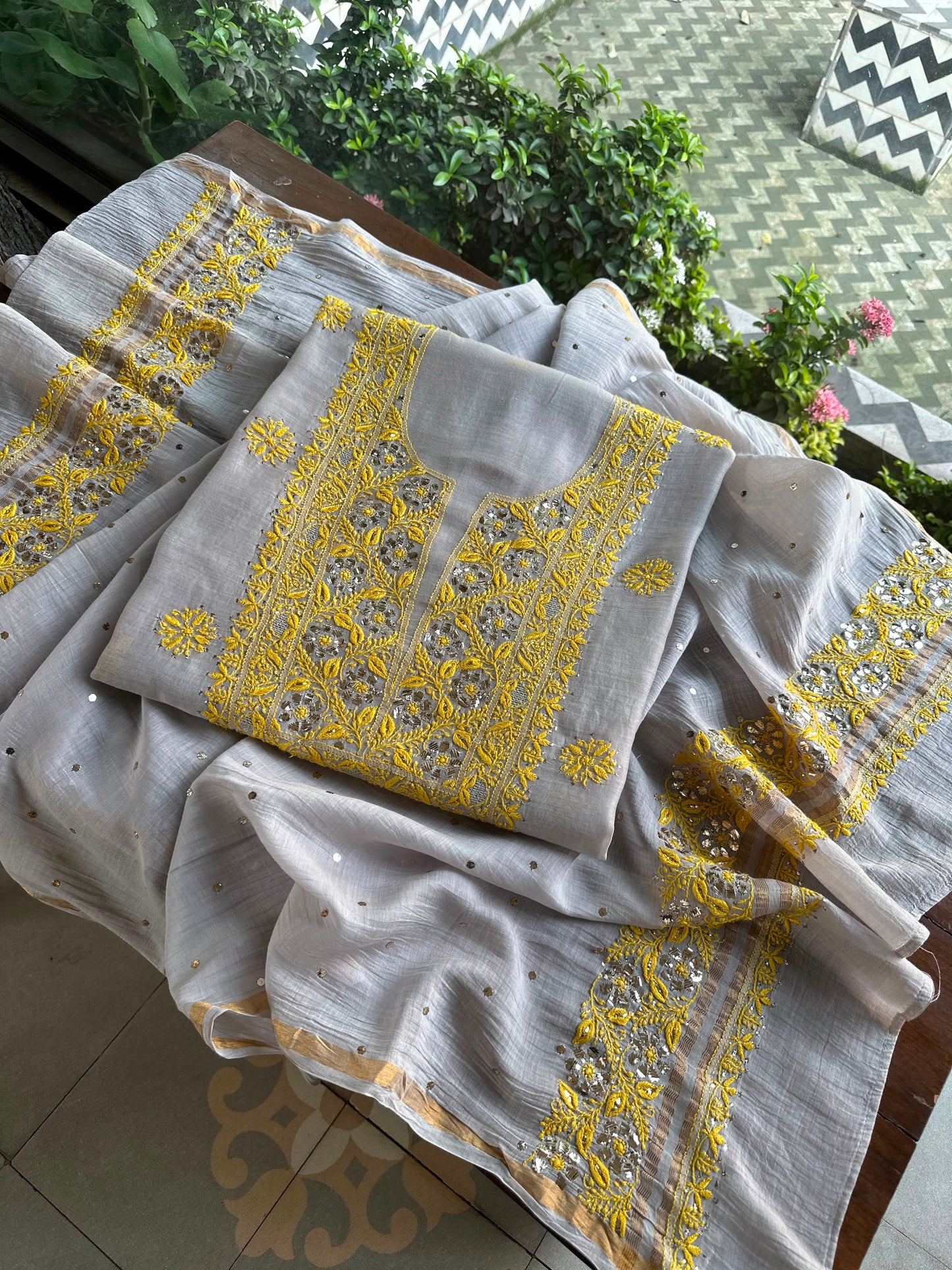 Grey Shade Mal Cotton Chikankari Unstitched Kurta Dupatta Fabric With Mukaish Badla