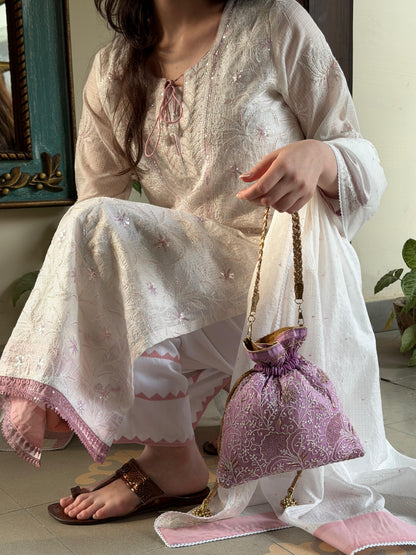 Powder Mauve Shade Kota Pearl Work Chikankari Kurta Set