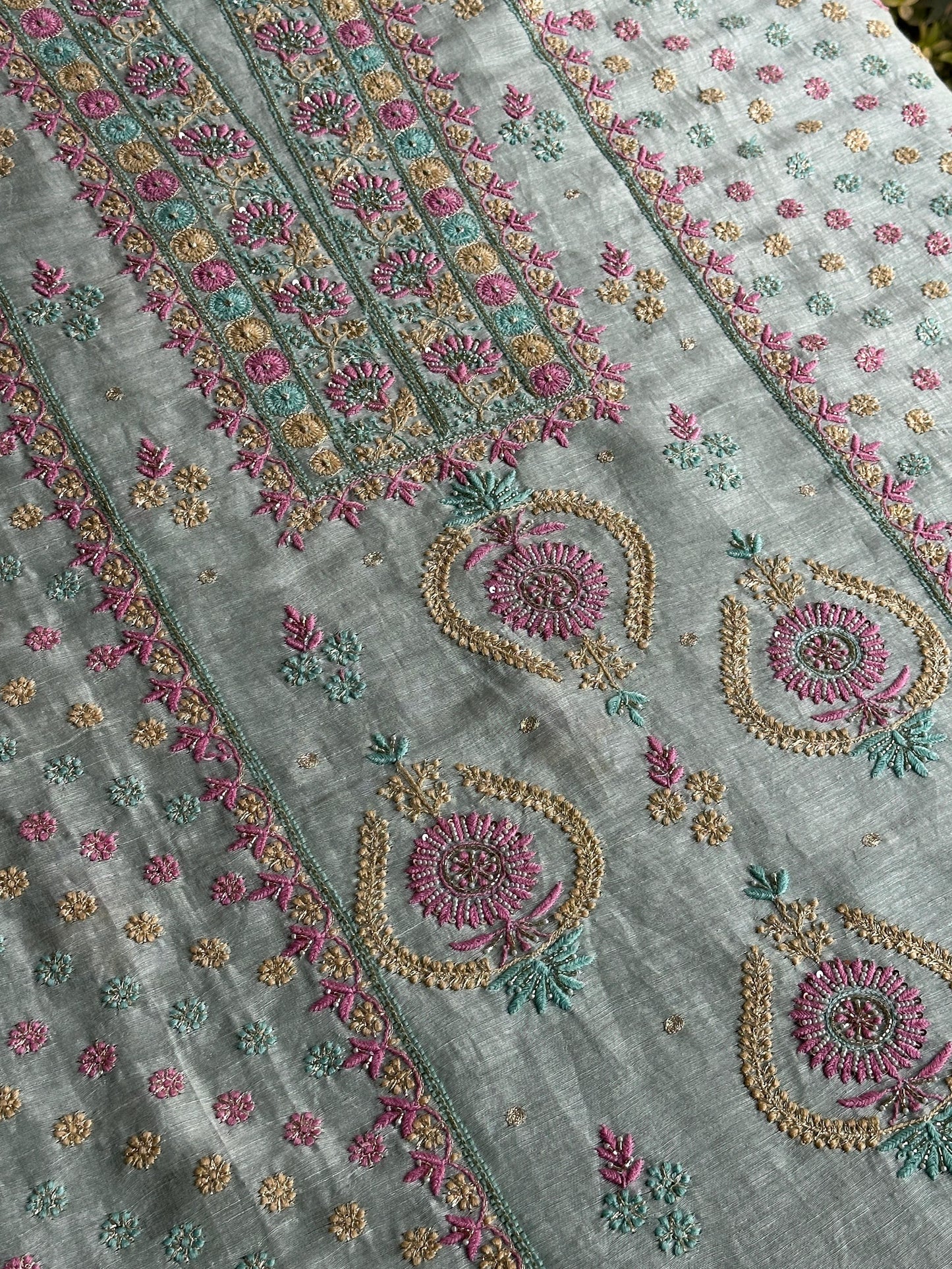 Pastel Mint Shade Rasm Silk Chikankari With Ari Work Unstitched Kurta Dupatta Set