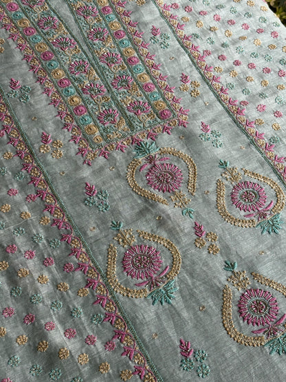 Pastel Mint Shade Rasm Silk Chikankari With Ari Work Unstitched Kurta Dupatta Set
