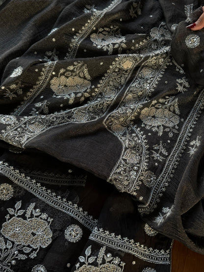 MYSTIC BLACK AND ASH SILVER | TISSUE SILK CHIKANKARI