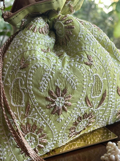 Mehndi Green Raw Silk Zardosi Polti Bags