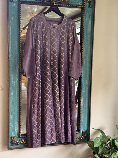 Purple Lavender Zari Chanderi Chikankari A Line Kurta with Slip