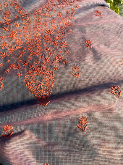 Blue & Pink Kota Chikankari Unstitched Fabric