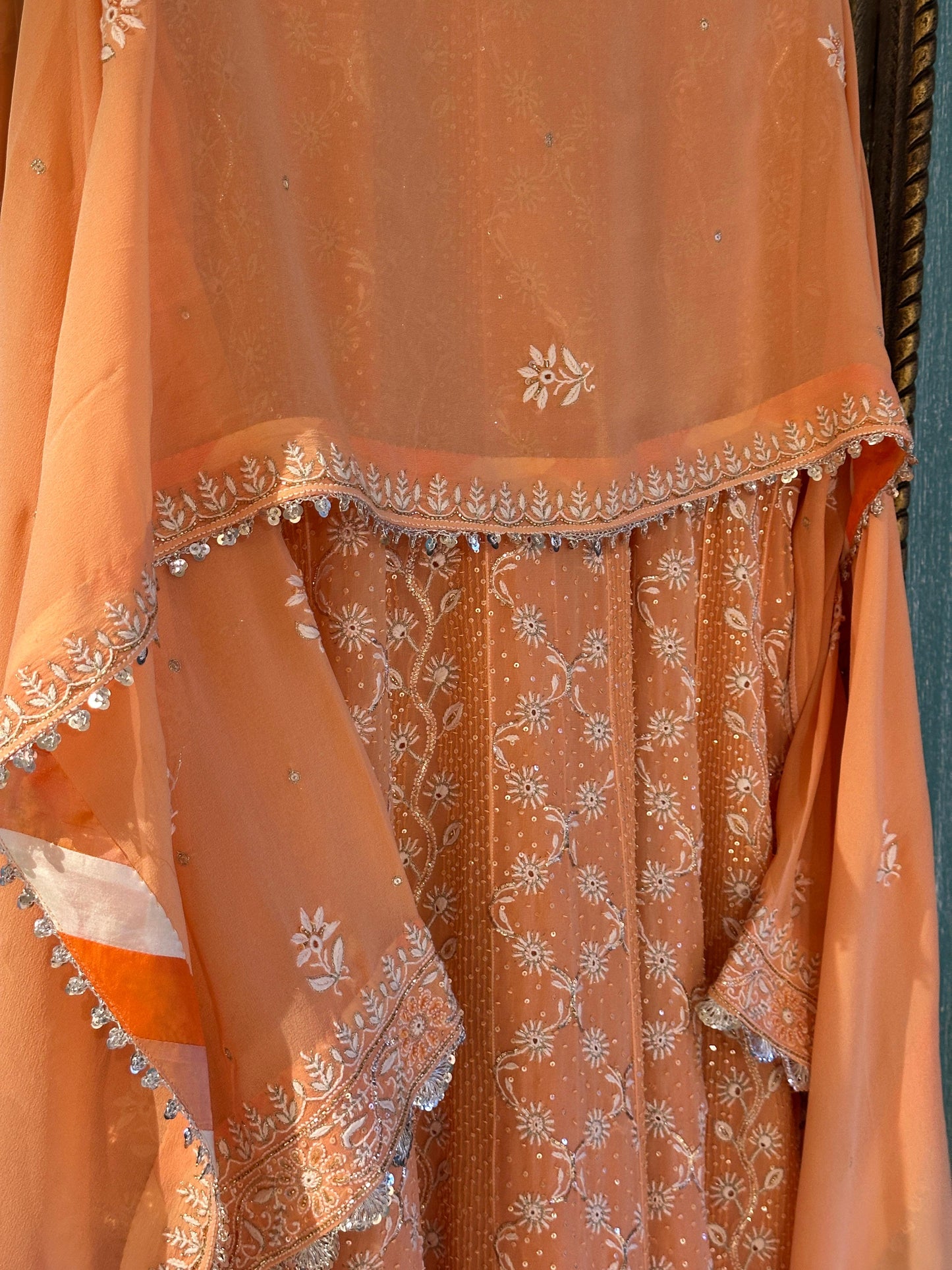 SAFFRON PEACH TUKDI CHIKANKARI ANARKALI