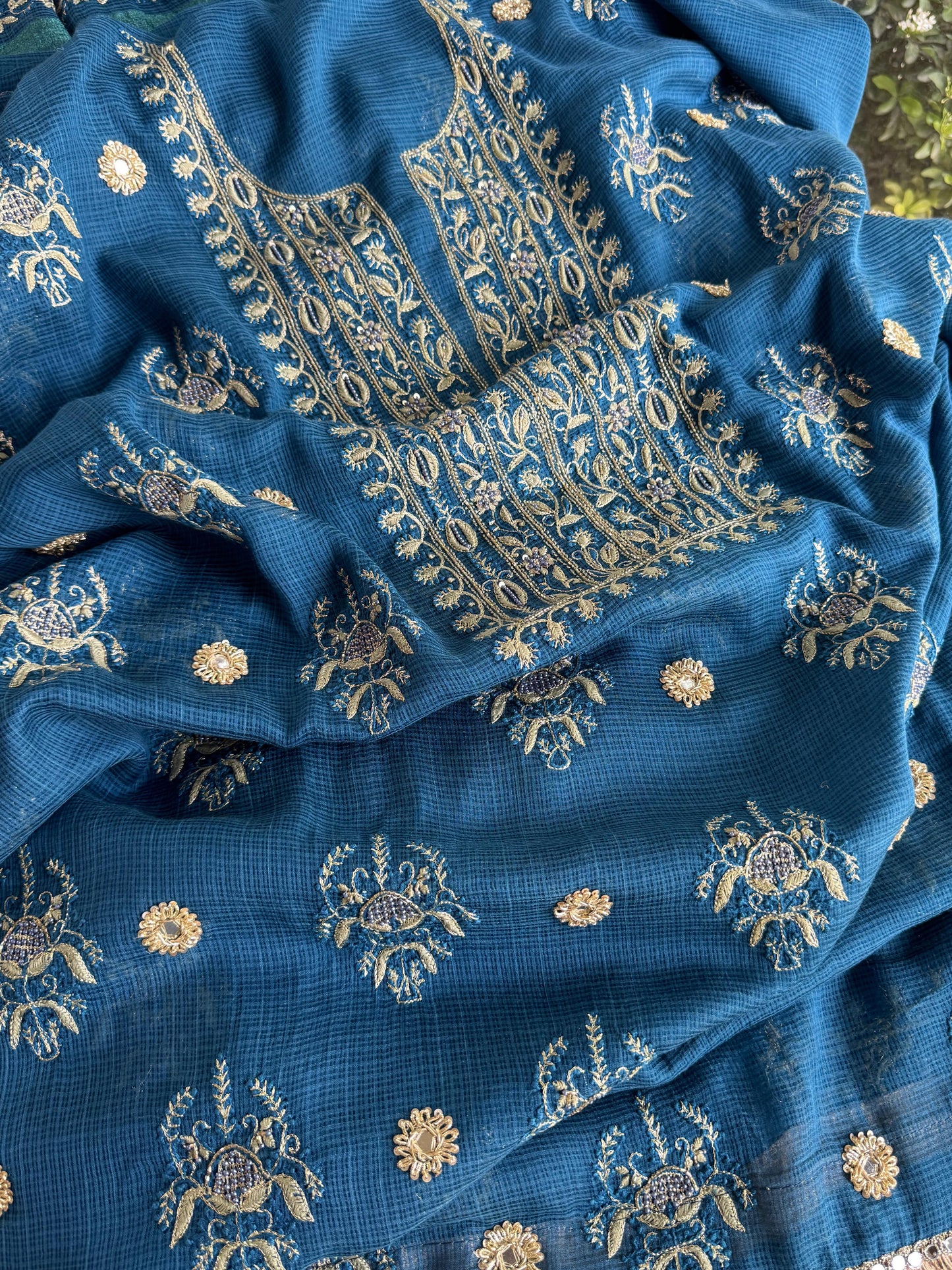 Blue Handloom Kota Chikankari With Mirror Work Unstitched Kurta Dupatta Set