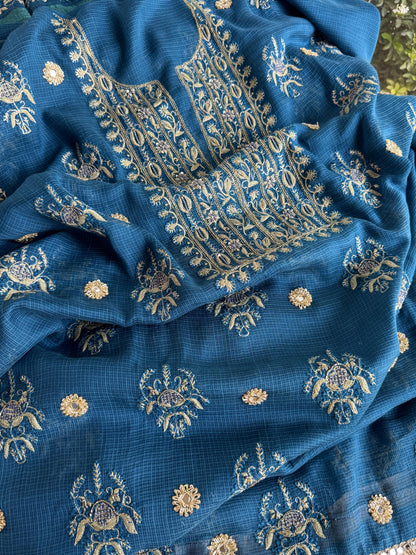 Blue Handloom Kota Chikankari With Mirror Work Unstitched Kurta Dupatta Set