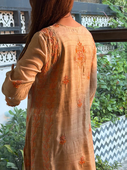 Basak Natural Tussar Silk Kalidar Chikankari Kurta Set