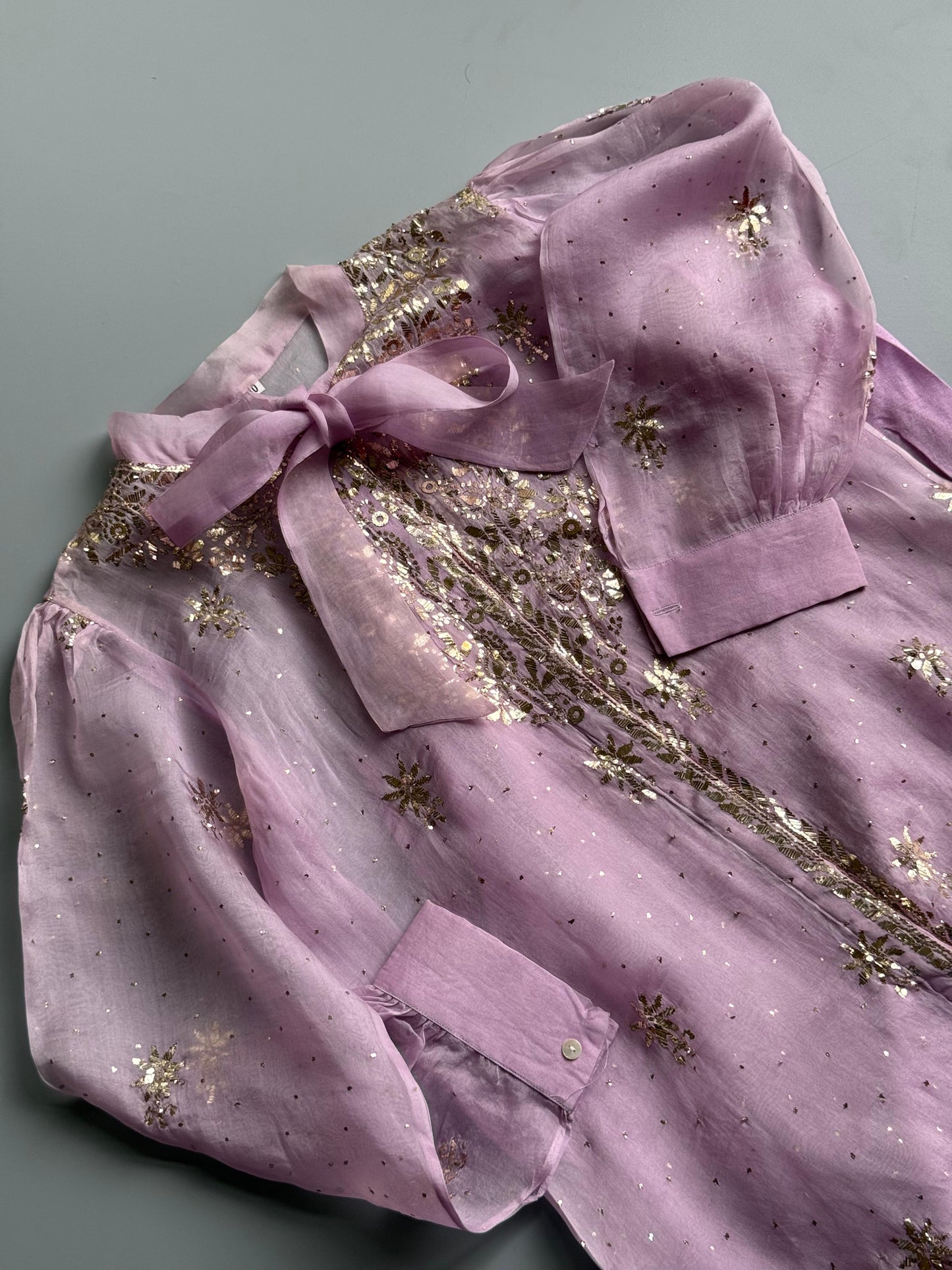 Lavender Noor Organza Mukaish Badla Short Top With Bow Tie