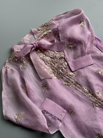 Lavender Noor Organza Mukaish Badla Short Top With Bow Tie