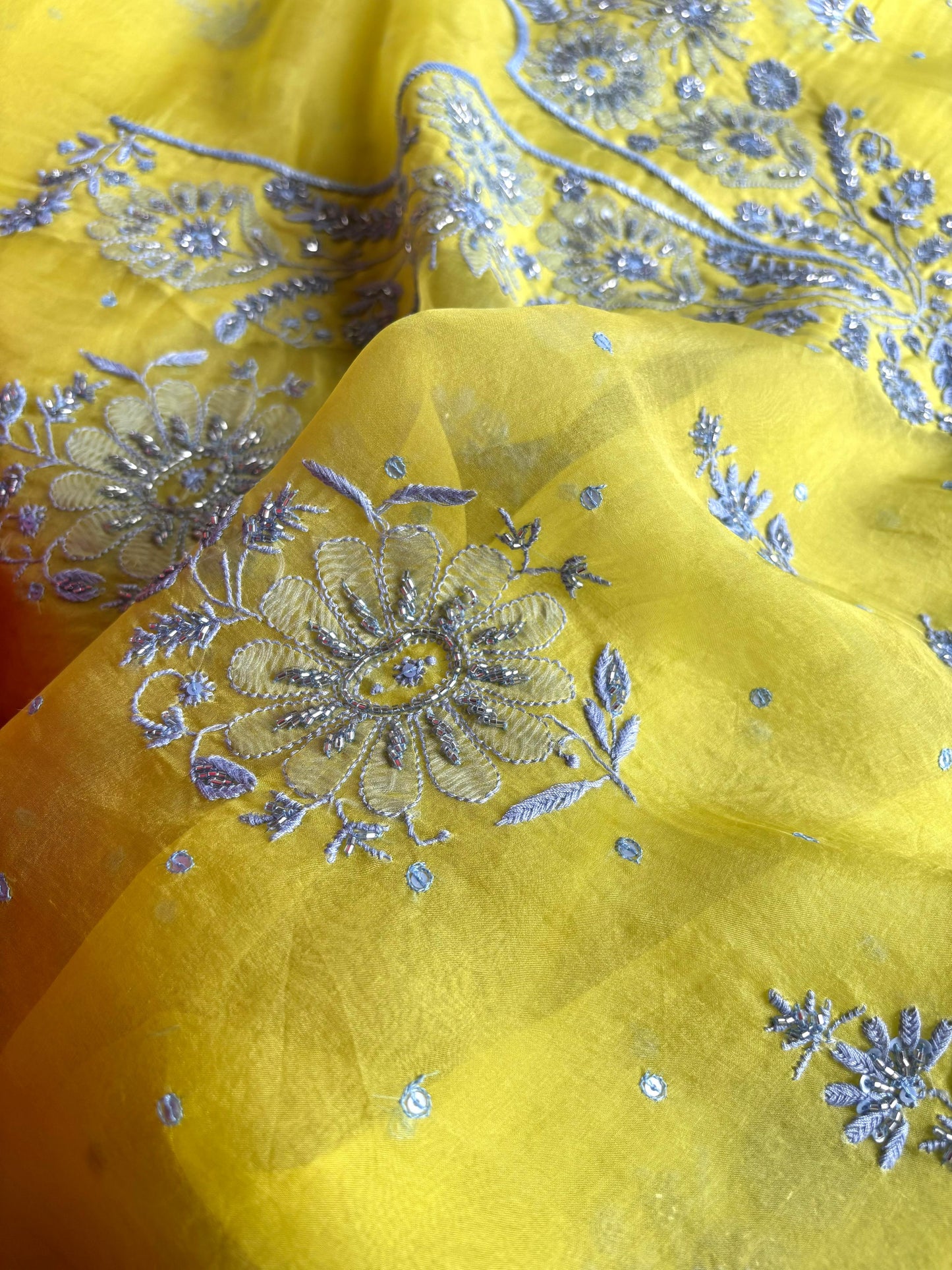 Lime Green & Grey Noor Organza Silk Chikankari Unstitched Fabric