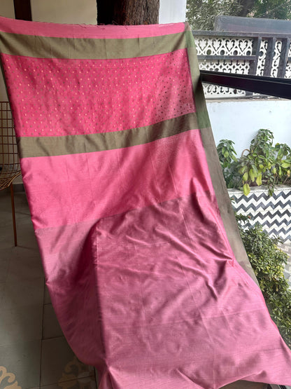 Hot Pink Woven Butta Saree with Contrast Grey Border