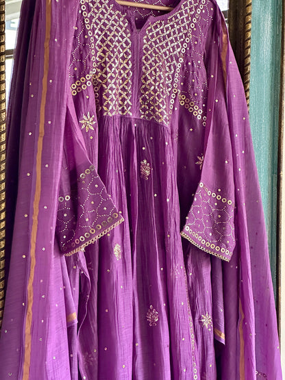 Deep Purple Shade Mukaish Mul Chanderi Silk Dress