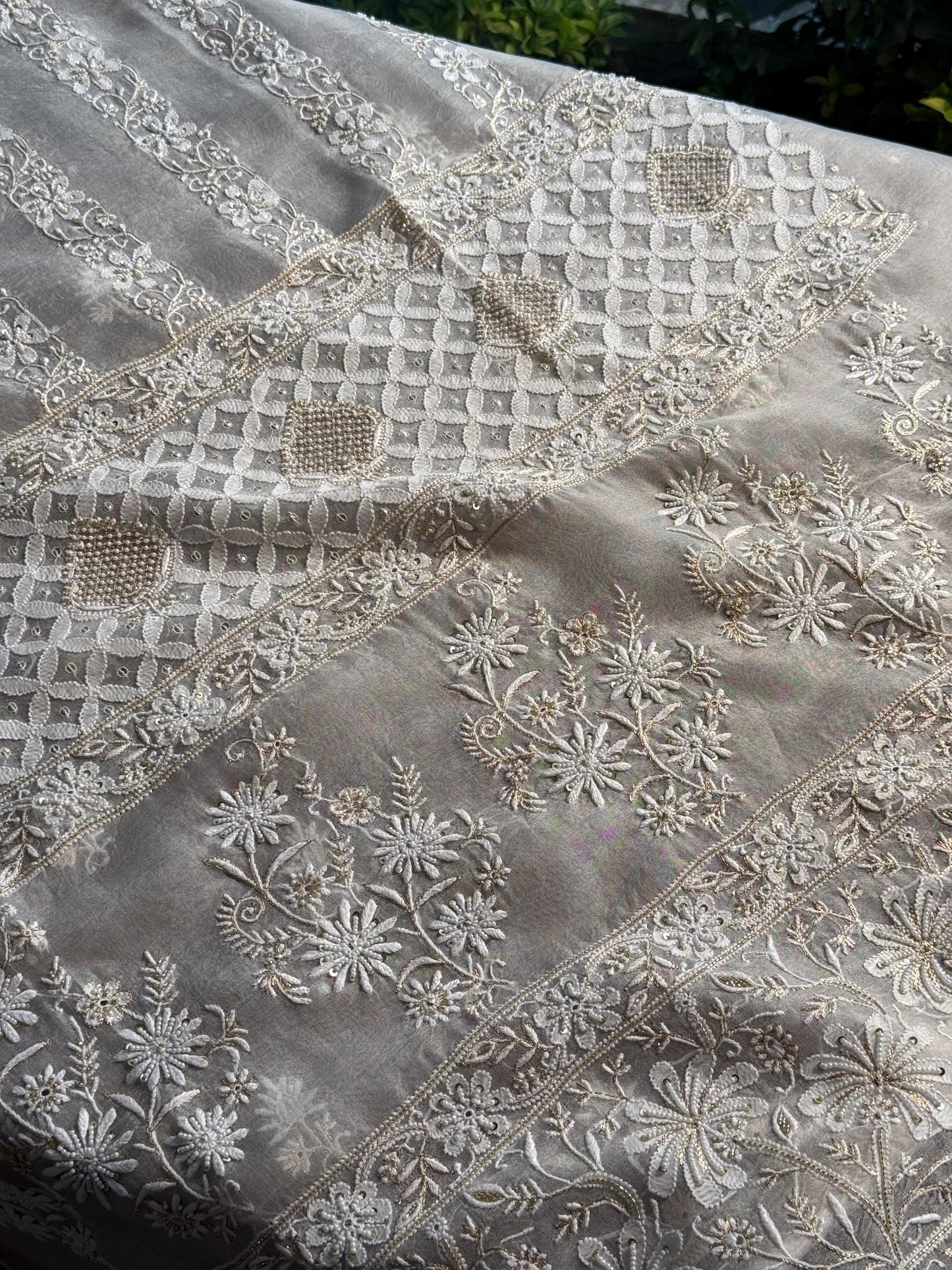 White Noor Organza Banarasi Silk Chikankari Unstitched Kurta Dupatta Set