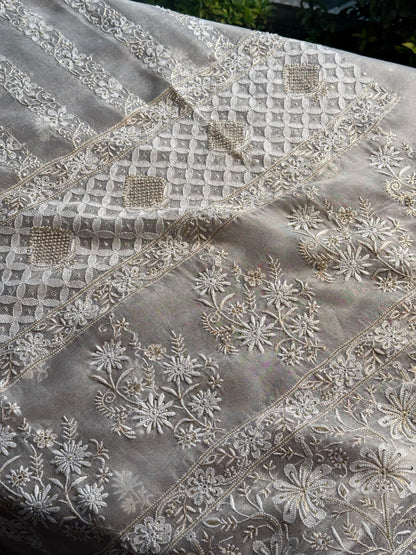 White Noor Organza Banarasi Silk Chikankari Unstitched Kurta Dupatta Set