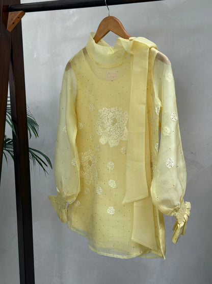 Lemon Noor Organza Resham Chikankari Short Top With Bow Tie