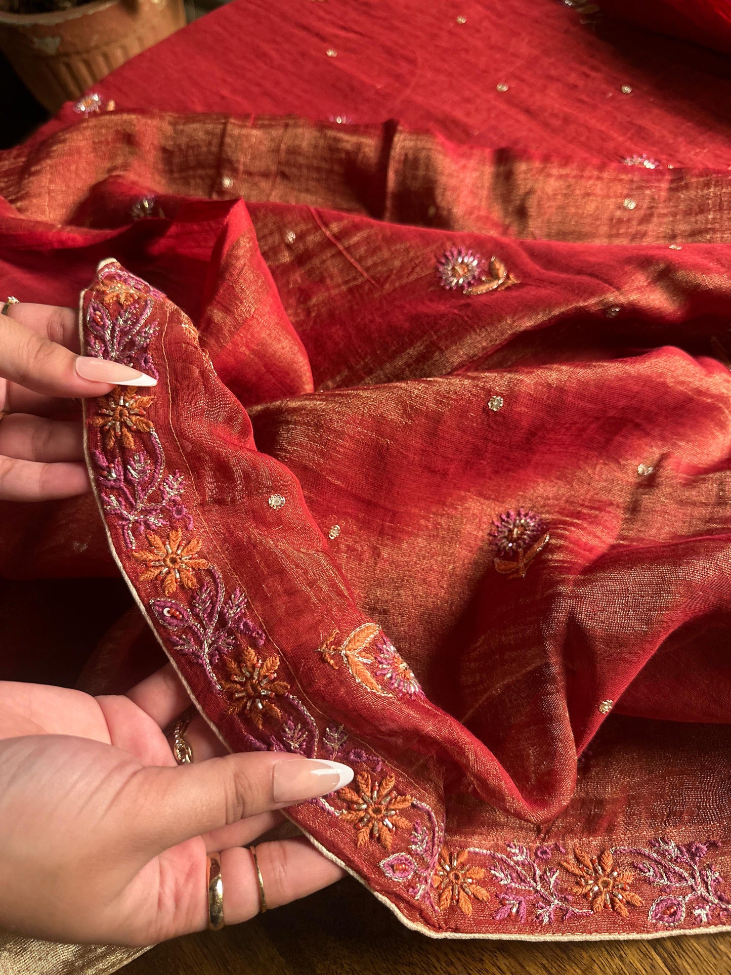 Red Tissue Silk Chikankari Unstitched Fabrics