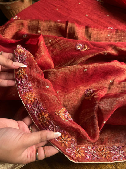 Red Tissue Silk Chikankari Unstitched Fabrics