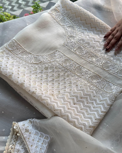White Noor Benarasi Organza Silk Chikankari Unstitched Kurta Dupatta Set
