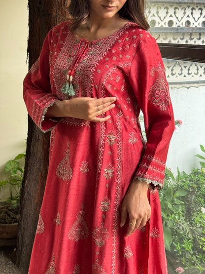 Brick Red Moonga Silk Chikankari Anarkali With Dupatta