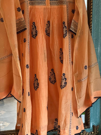 Orange Blue Malmal Mukaish Kamdani Chikankari Stitched Kurta Dupatta Set