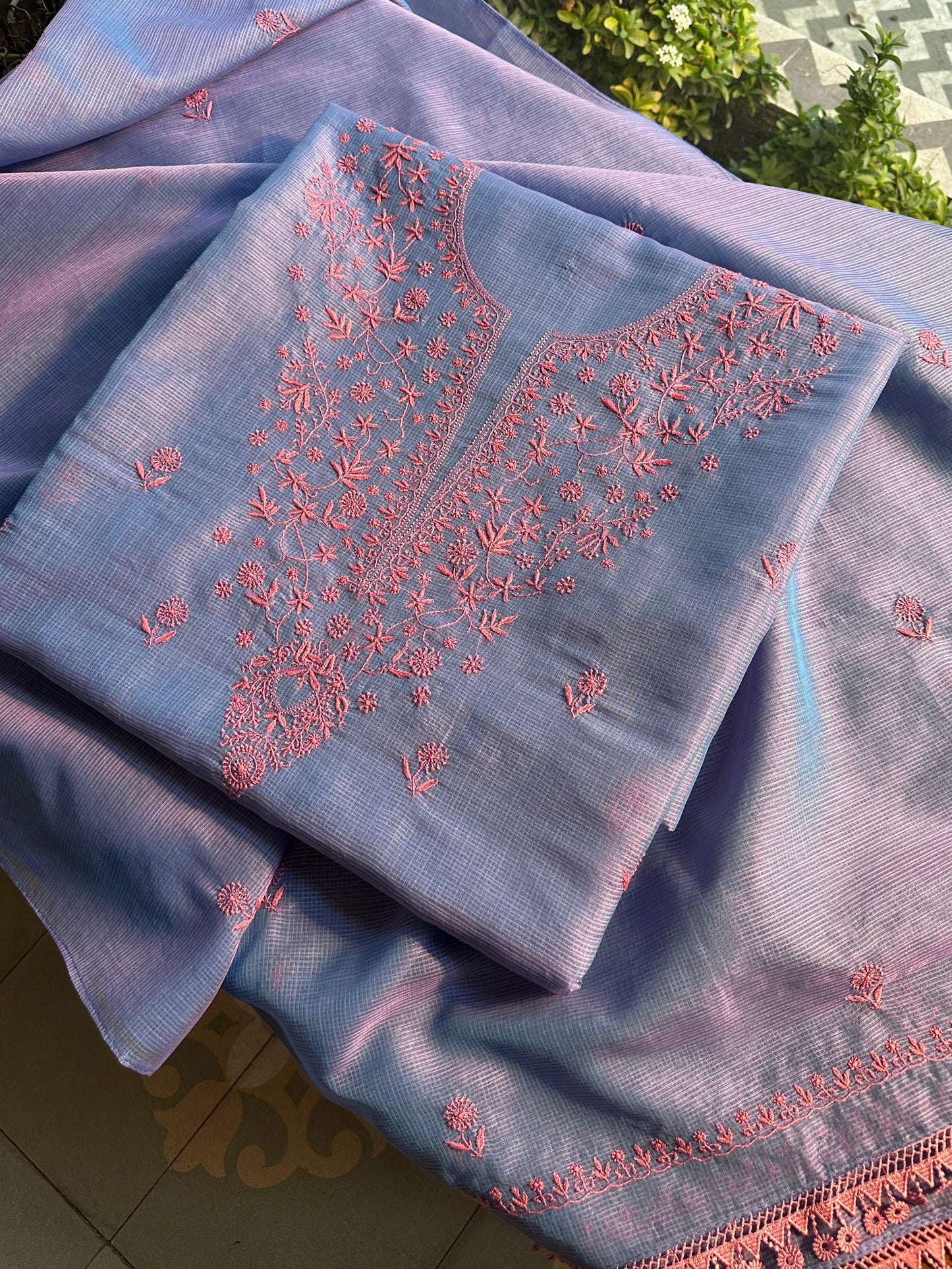 Blue & Pink Kota Chikankari Unstitched Fabric