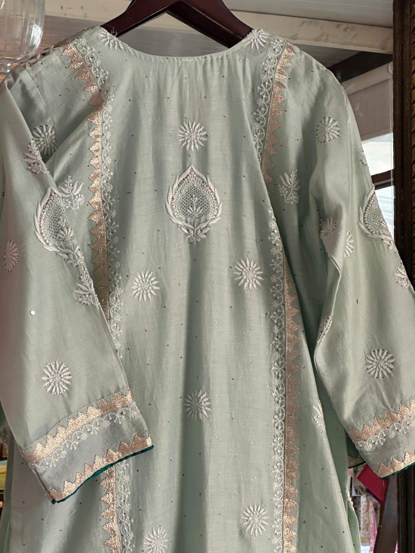 Sea Green & Teal Shade Chanderi Daraz Applique Chikankari Mukaish Kurta Dupatta Set