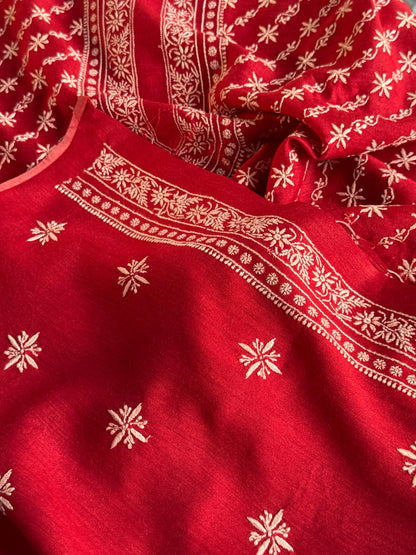 Red Moonga Silk Chikankari Men’s Kurta Fabrics