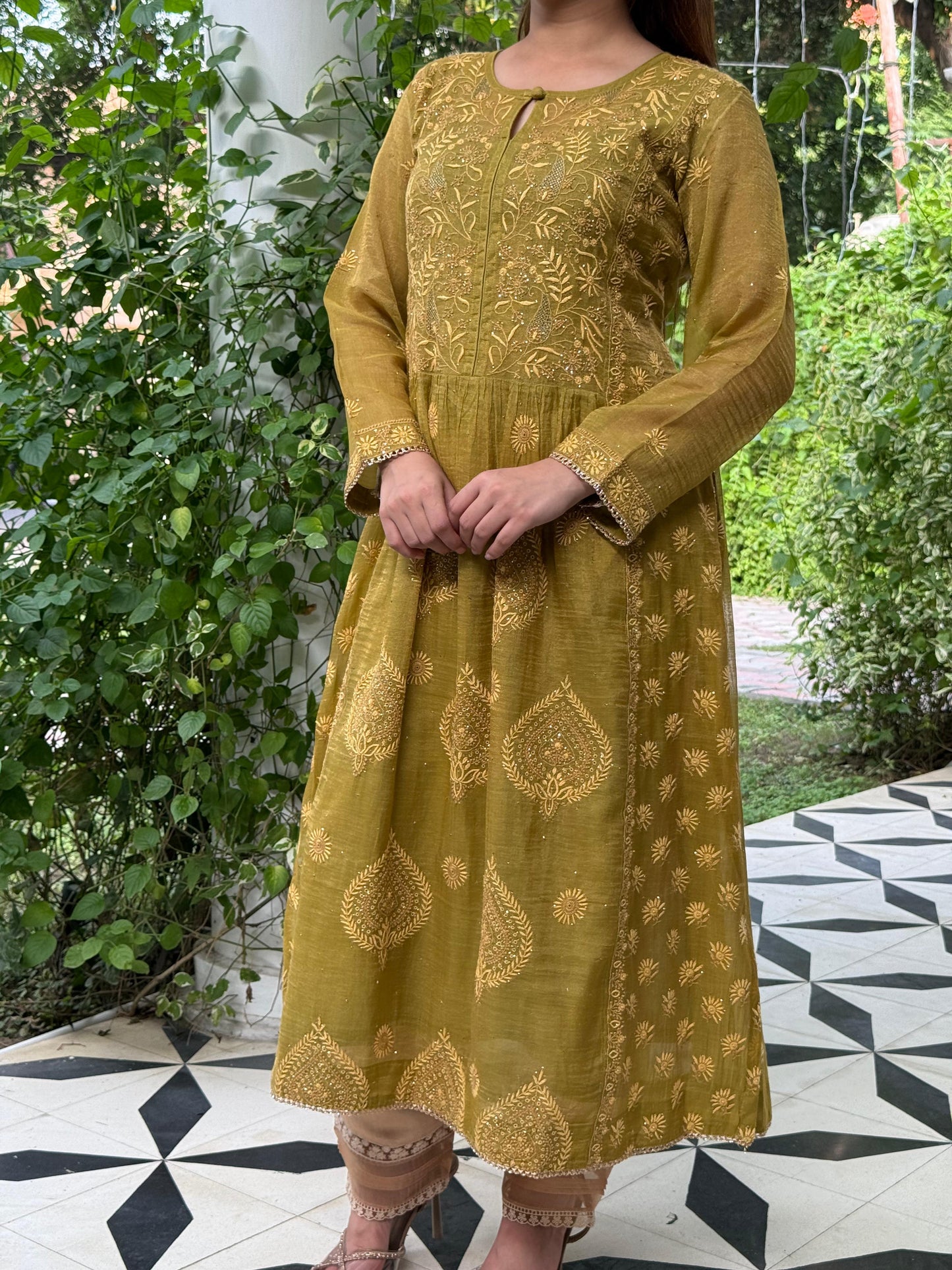 Fern Green Tissue Silk Chikankari Kalidar Kurta Dupatta Set