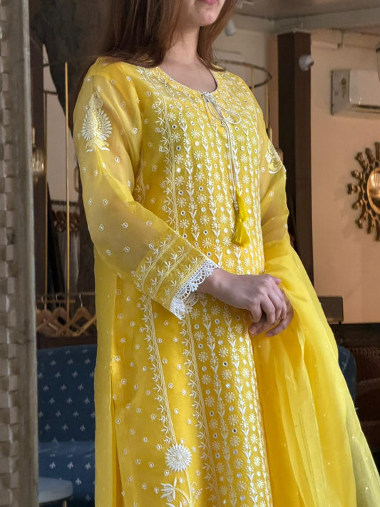 Soft Yellow Noor Organza Silk Chikankari Straight Cut Kurta Dupatta Set