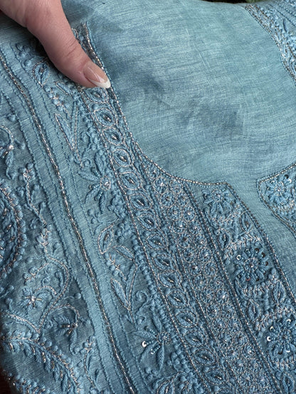 Sky Blue Shade Linen Silk Chikankari With Ari Work Unstitched Kurta Dupatta Set