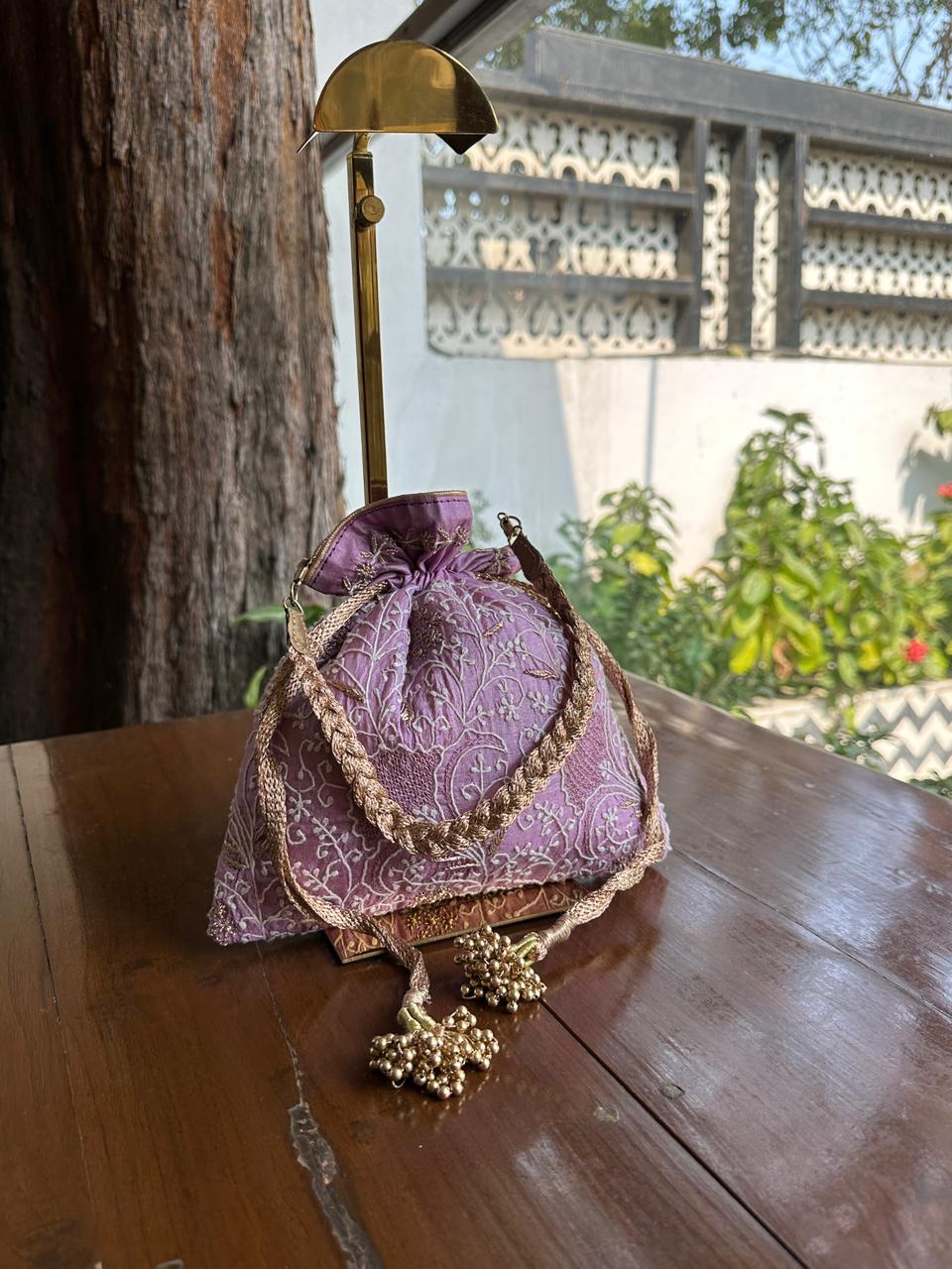 Lavender Raw Silk Chikankari Polti Bags