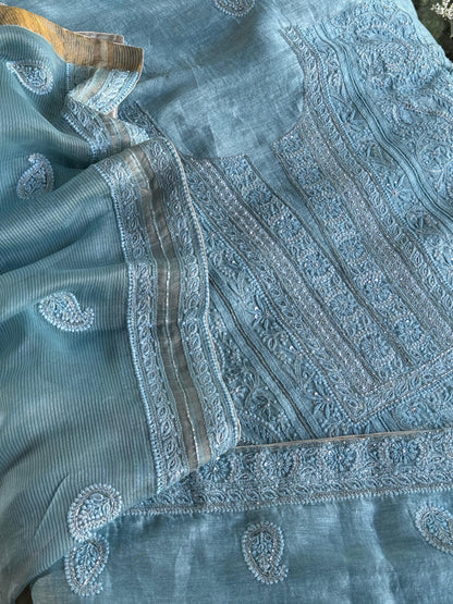Sky Blue Shade Linen Silk Chikankari With Ari Work Unstitched Kurta Dupatta Set