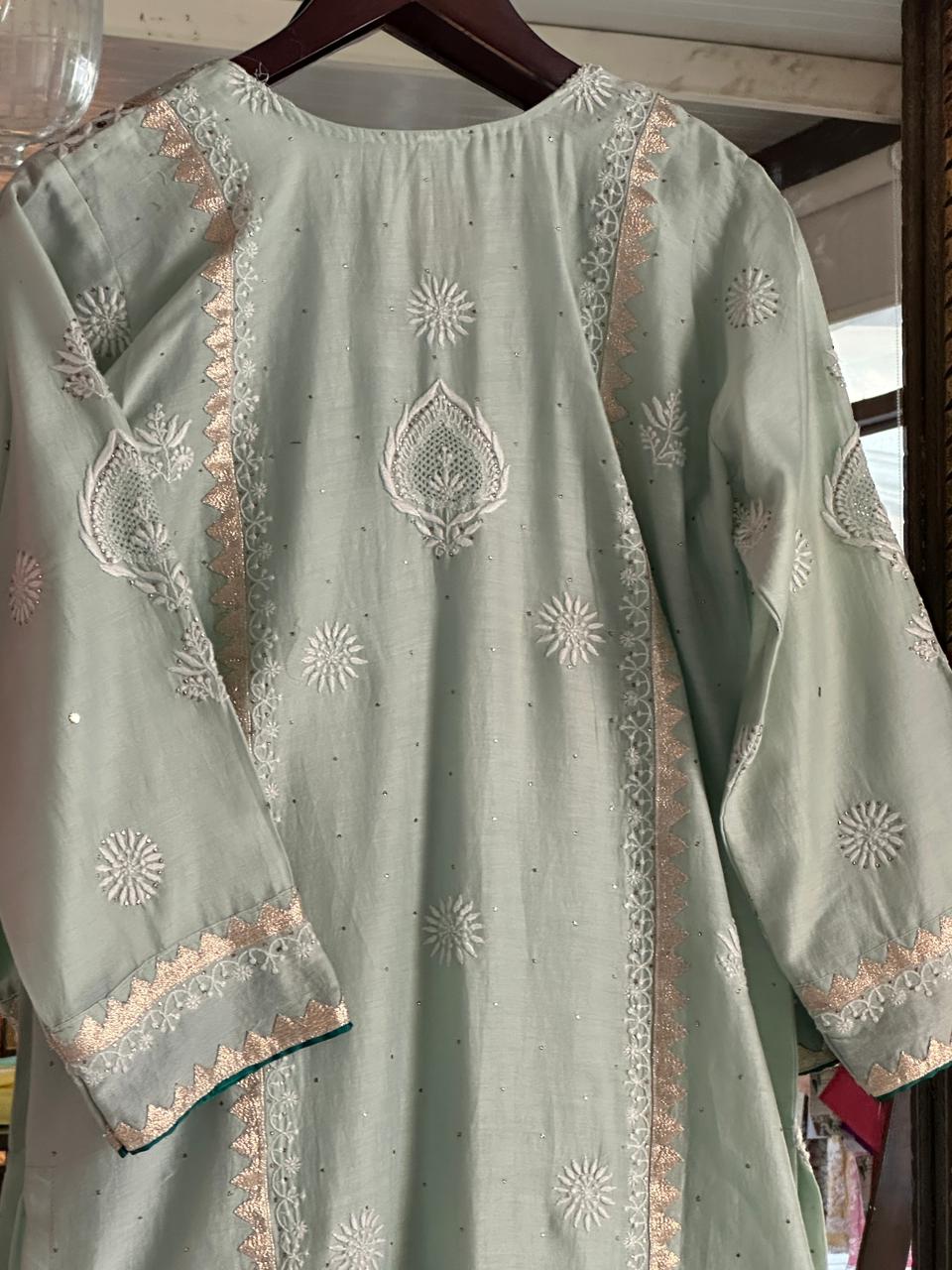Sea Green & Teal Shade Chanderi Daraz Applique Chikankari Mukaish Kurta Dupatta Set