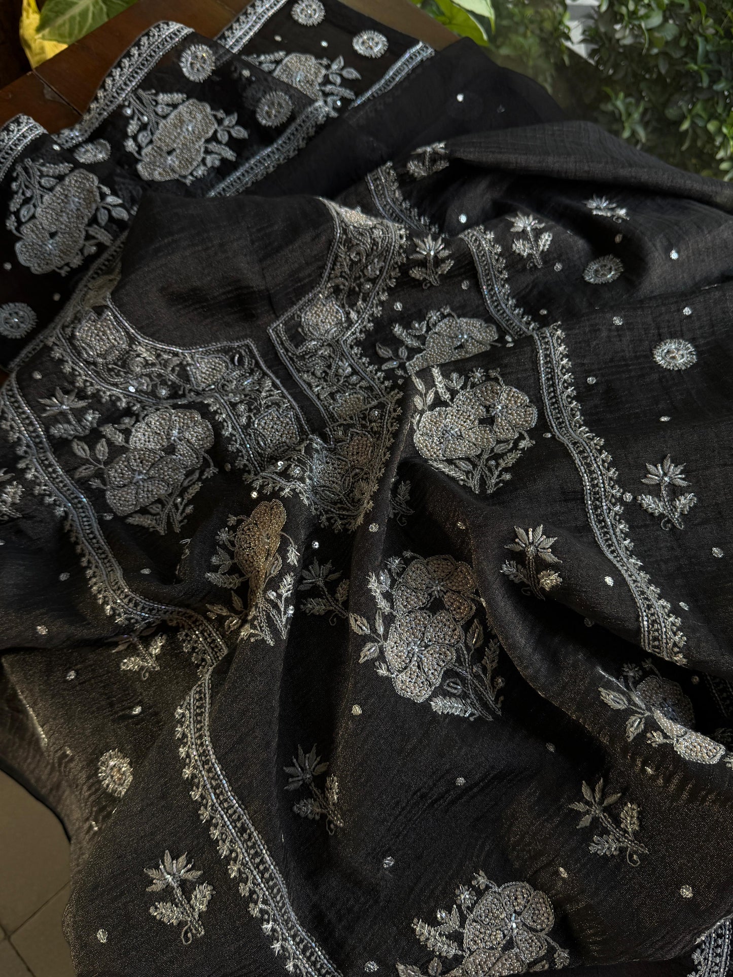 MYSTIC BLACK AND ASH SILVER | TISSUE SILK CHIKANKARI