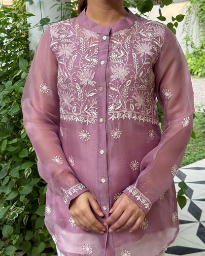 Dull Purple Noor Organza Resham Chikankari Front Open Short Top