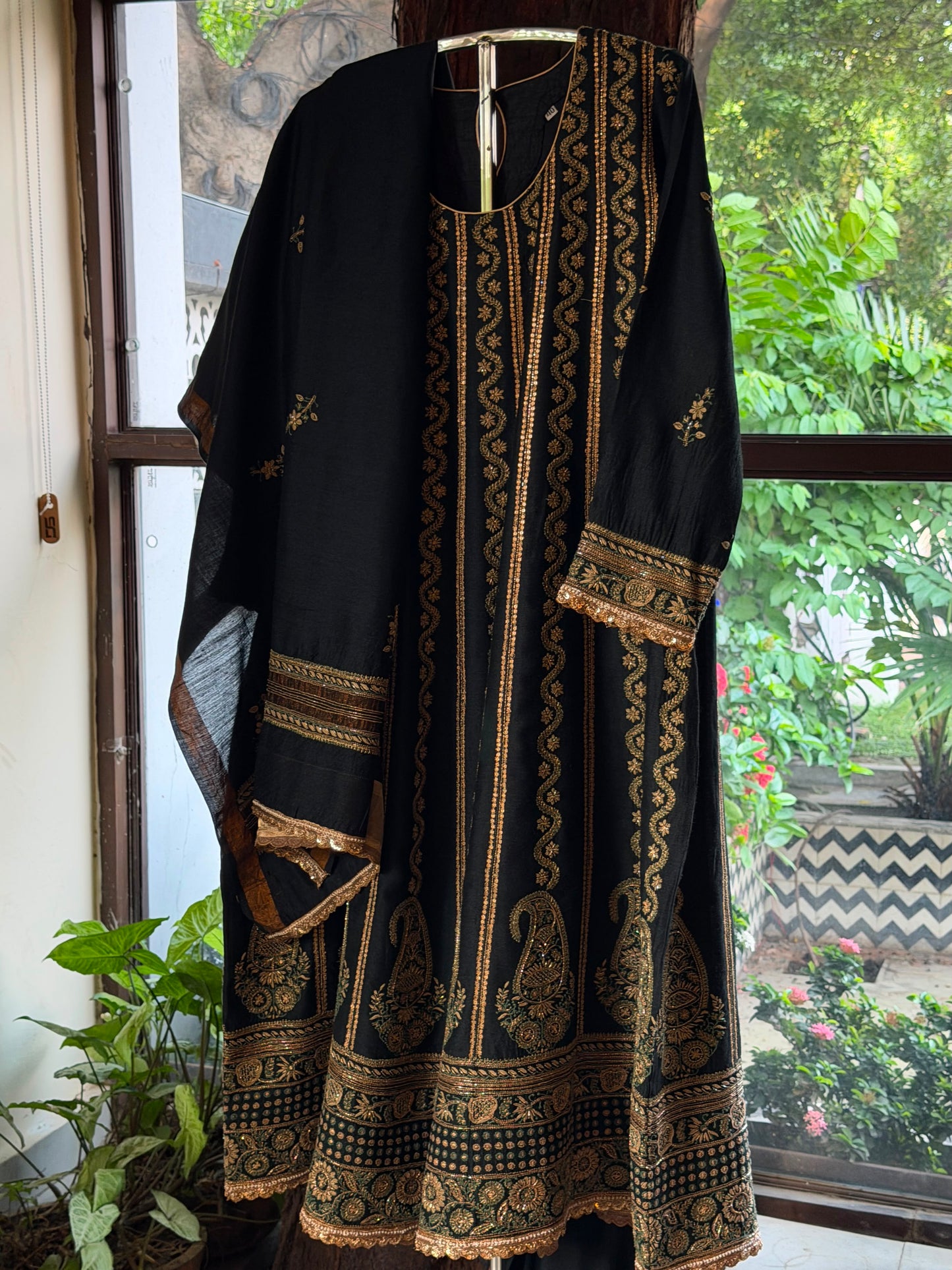 Roheen Black Moonga Silk Chikankari Anarkali With Dupatta