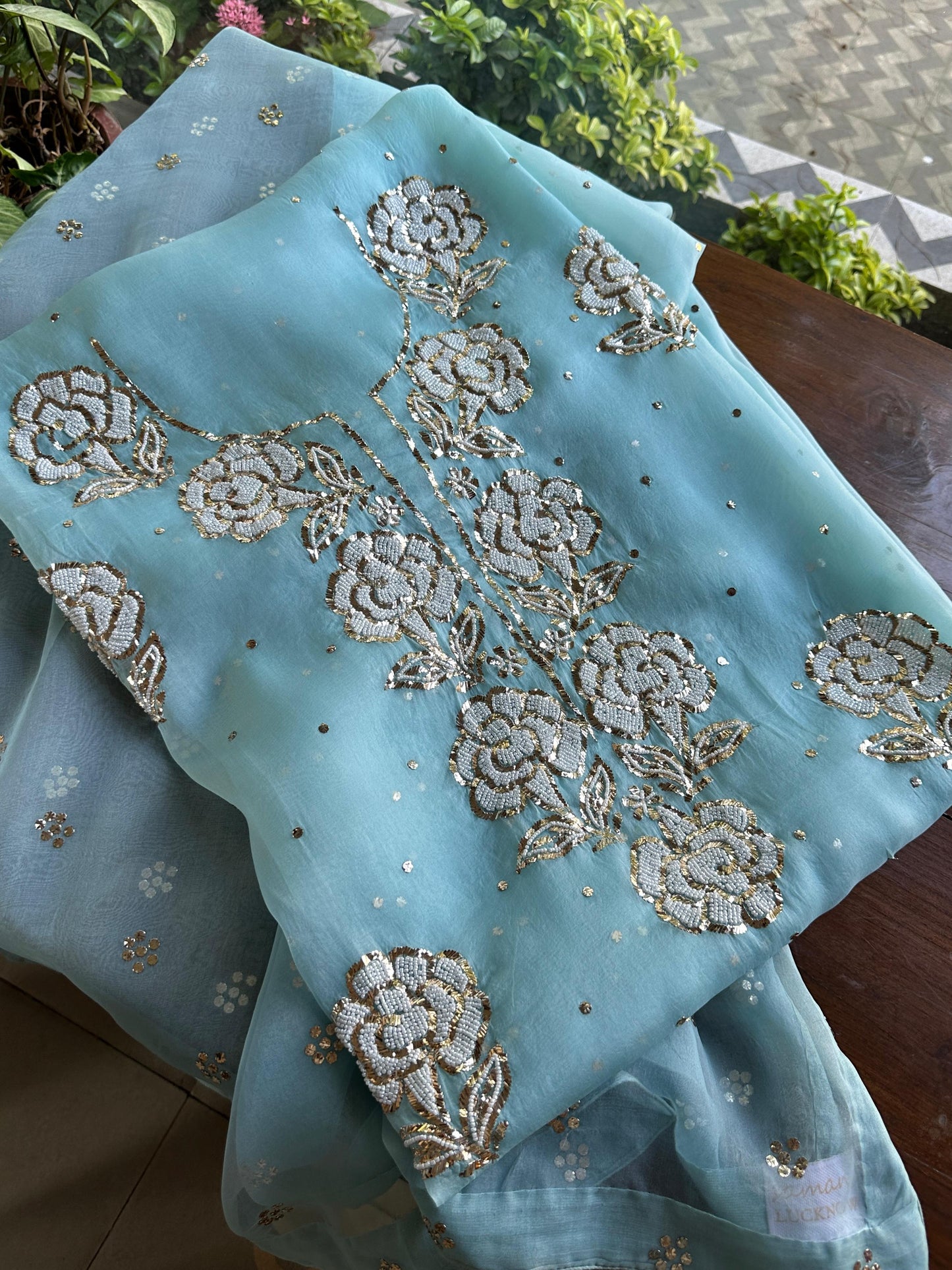 Blue Noor Organza Silk Mukaish Pearl Chikankari Unstitched Fabric