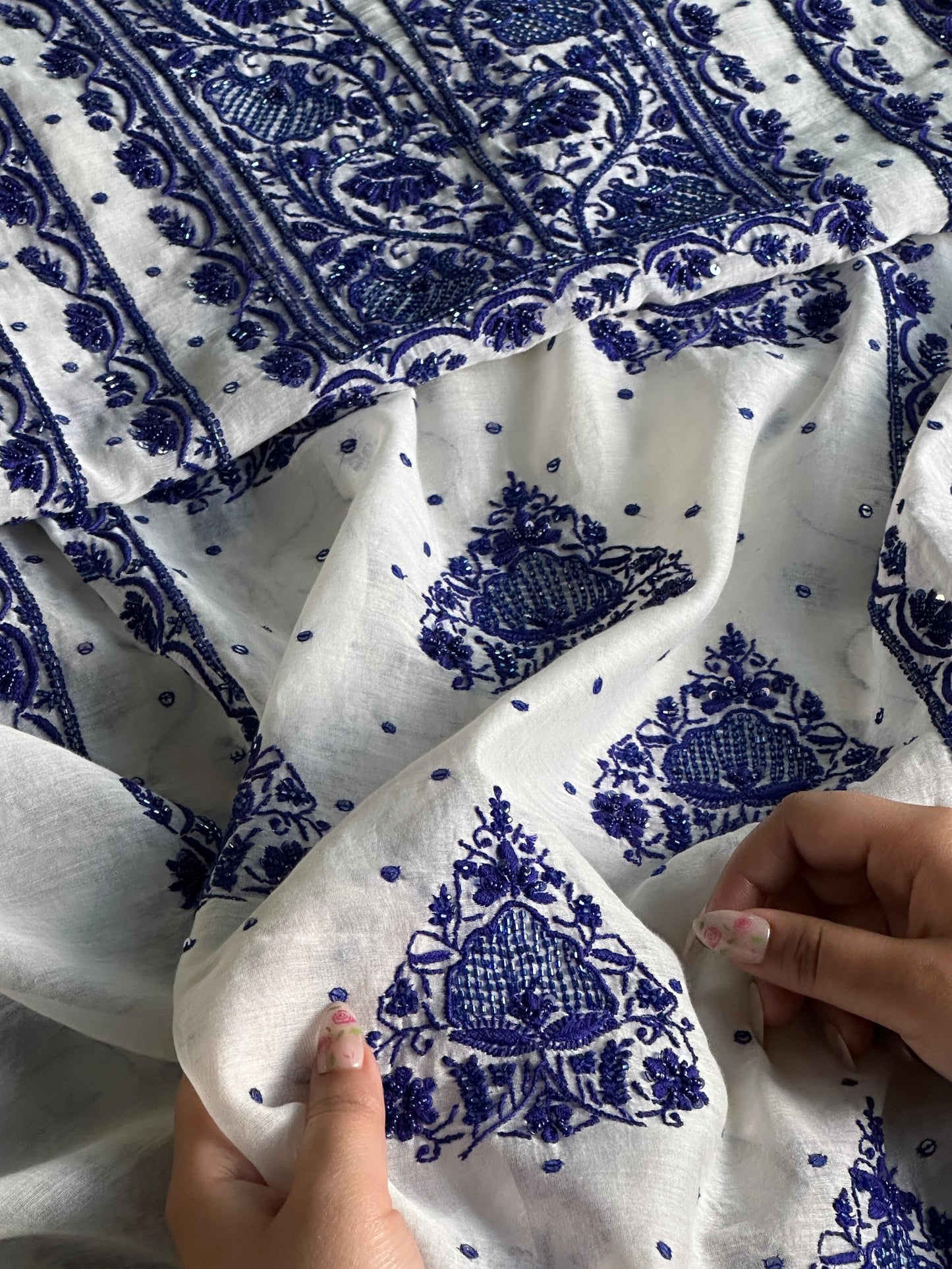 Indigo White Mal Chanderi Silk Chikankari Unstitched Fabric