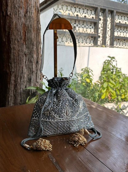 Grey Raw Silk Zardosi Polti Bags