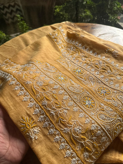 Yellow Tissue Silk Chikankari Unstitched Fabrics