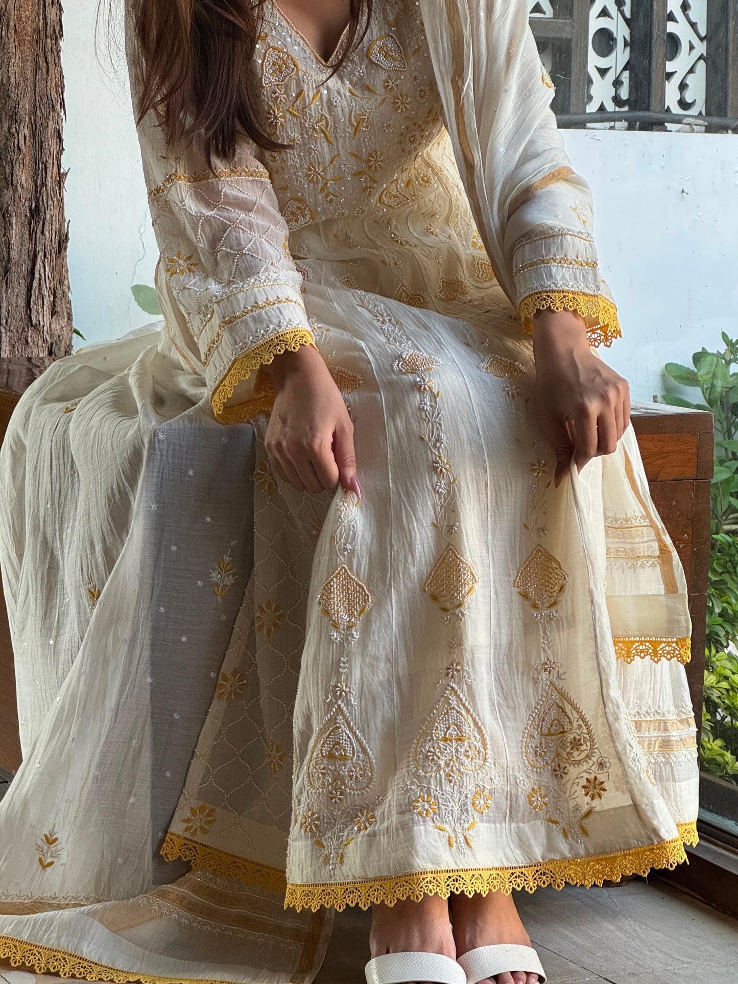 Off White & Yellow Malmal Pearl Work Chikankari Kalidar Kurta Set