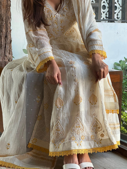 Off White & Yellow Malmal Pearl Work Chikankari Kalidar Kurta Set