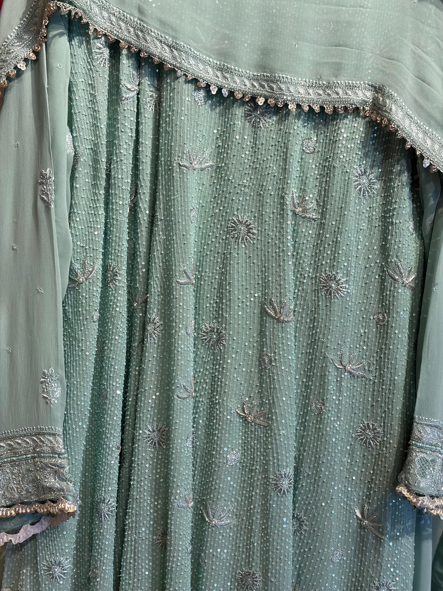 Cement Green Sequinned Georgette Chikankari Anarkali