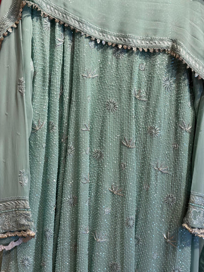 Cement Green Sequinned Georgette Chikankari Anarkali