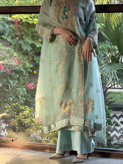 Mint Blue Multi Coloured Noor Organza Resham Chikankari Kurta Set