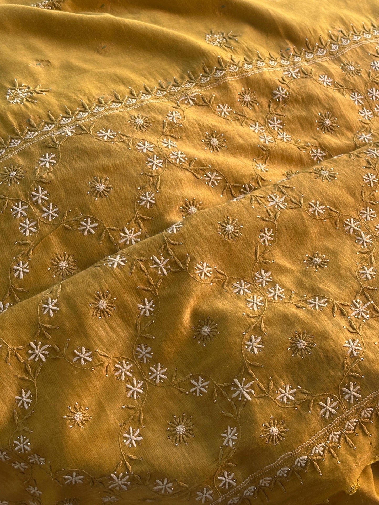Mustard Yellow Shade Chanderi Chikankari Saree