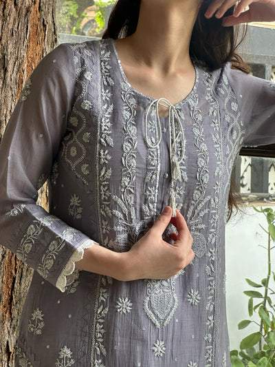 Grey Shade Malmal Mukaish Kamdani Chikankari Kurta Set