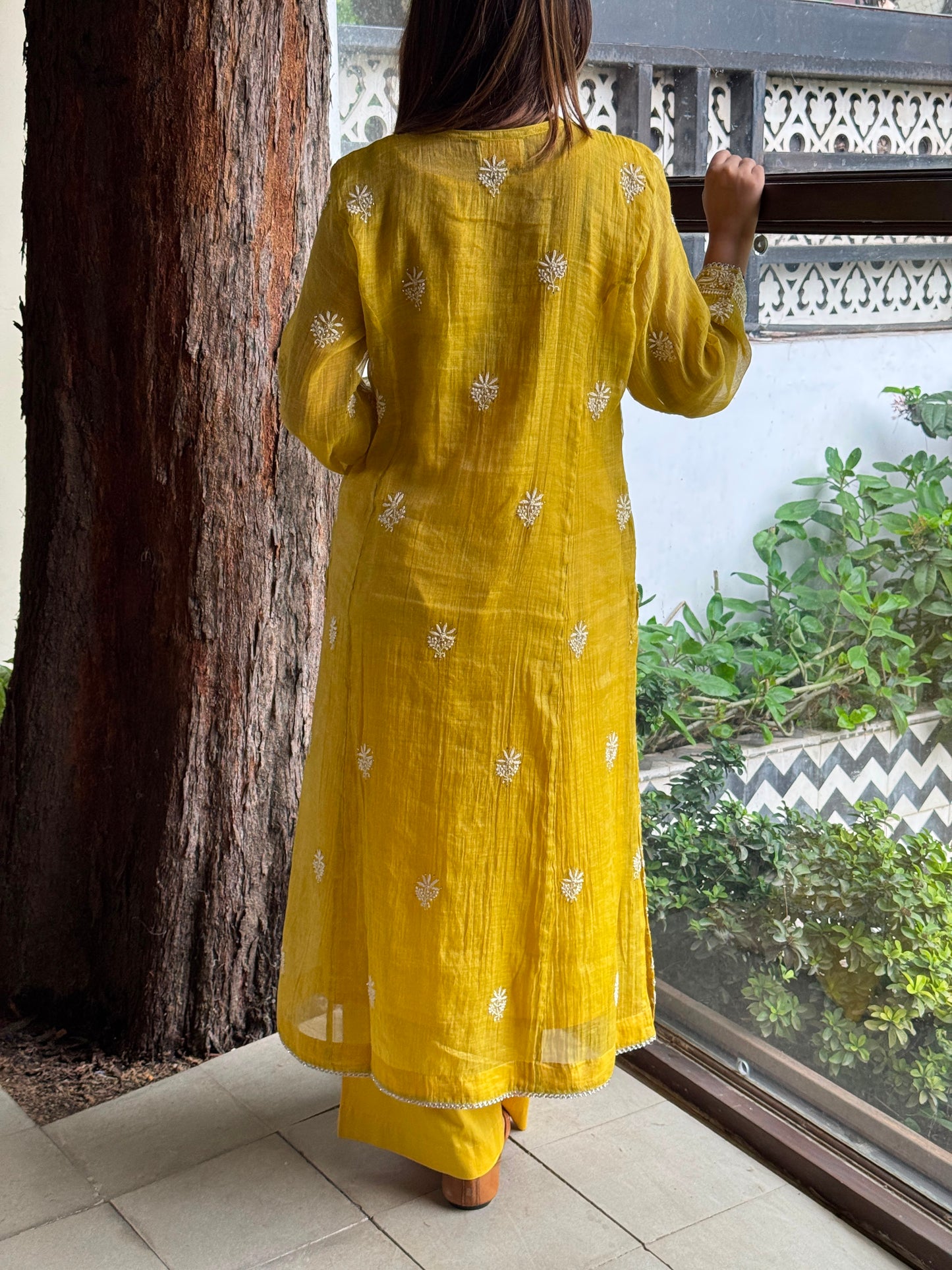 Yellow Tissue Silk Chikankari Straight Cut Kurta Dupatta Set